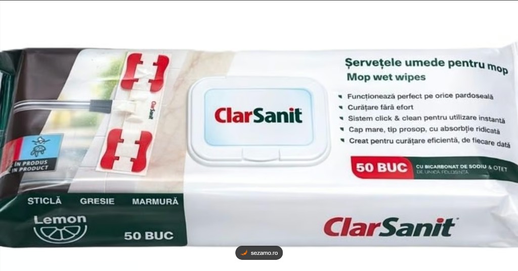 Clarsanit Servetele Umede Pt Mop Lemon&Bicarbonat 50 Buc